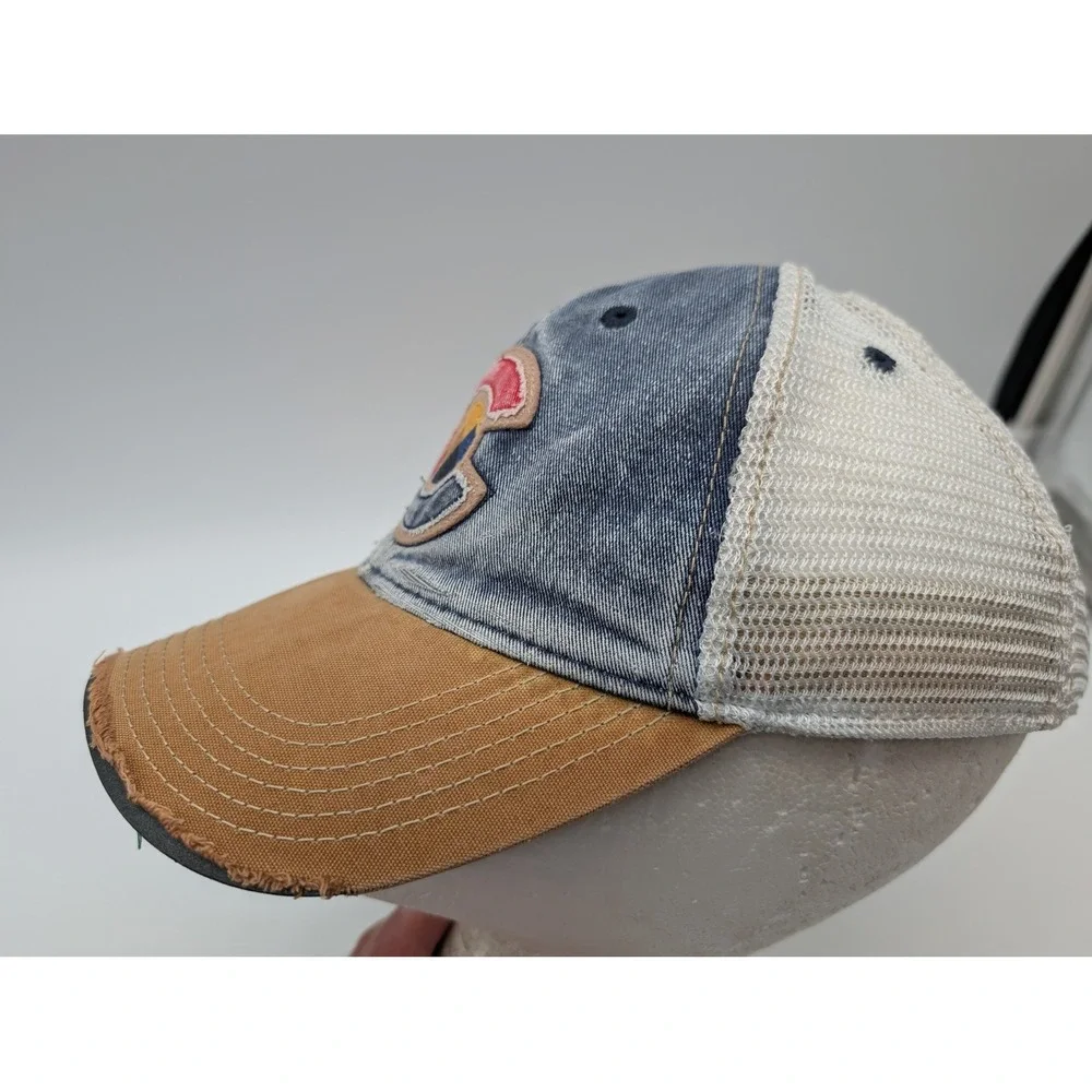 Legacy Old Favorite Colorado Trucker Hat Snapback Distressed Denim Mesh Blue Tan